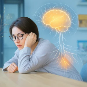 Frau mit Kopfschmerzen sitzt am Tisch, über ihrem Kopf ist ein leuchtendes Gehirn mit Nervenbahnen dargestellt – Symbol für neurologische Beschwerden bei Neurozöliakie